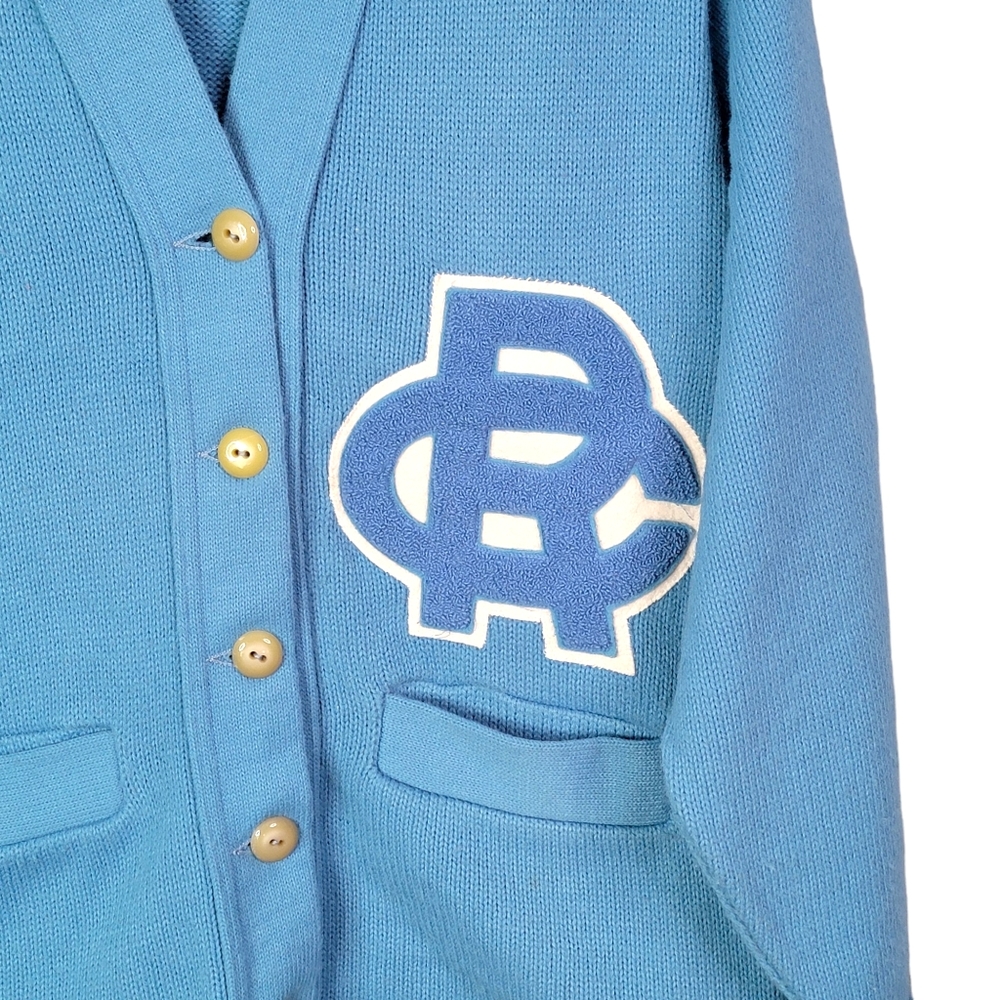 Cedar Rapids Jefferson J-Hawks Vintage Baby Blue Patched Letterman Sweater 38 - Picture 5 of 12